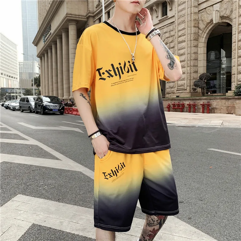 Костюм спортивный Мужской Хлопковый удобная футболка и шорты однотонный костюм