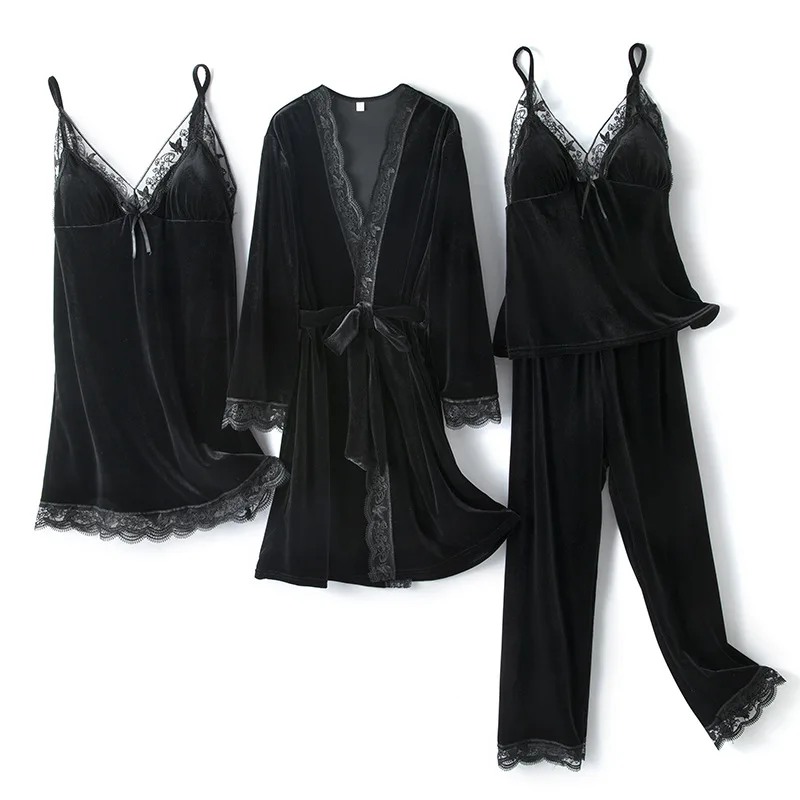 

4PCS Pajamas Suit Autumn New Velour Home Clothing Women Casual Nightwear Intimate Lingerie Black Long Sleeve Homewear Pyjamas