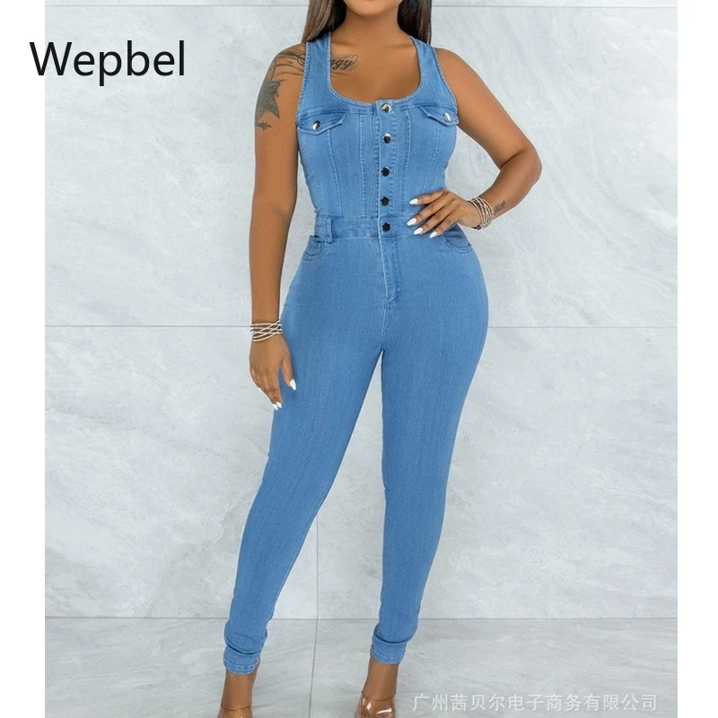 

Женские джинсовые комбинезоны Wepbel, комбинезоны без рукавов с квадратным вырезом и пуговицами, узкие джинсовые комбинезоны с высокой талией...