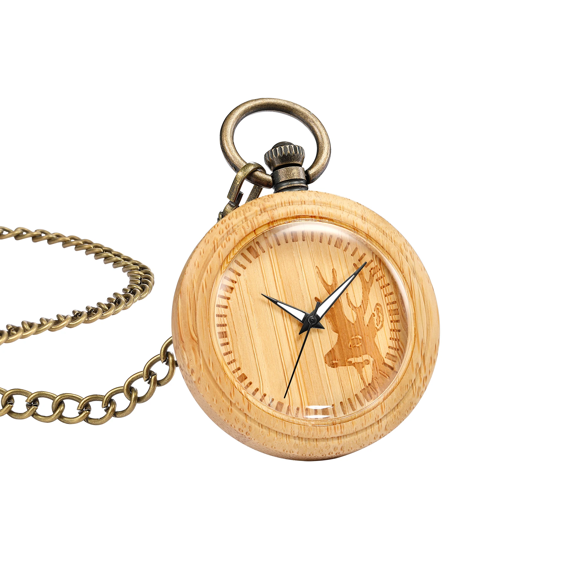 New Style Solid Wood Case Pocket Watch Movement Antique Bronze Clock Chain Romans Necklace Pendant for Men Women Box Package