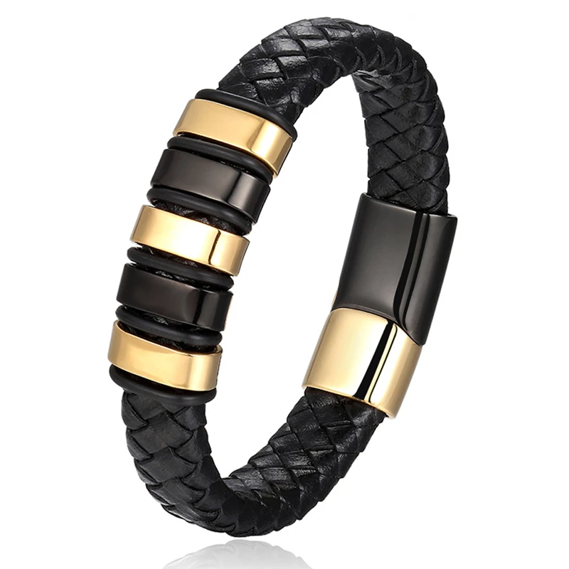

Luxury Designs Genuine Leather Bracelets For Women Men Wholesale Jewelry Birthday Gift Vintage Gold Color Stainless Steel Bangle