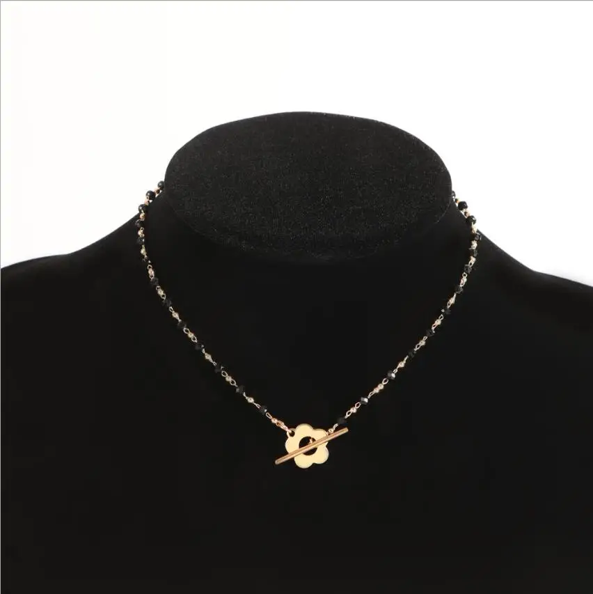 

Flower Toggle Necklace For Women Gold/Silver Color Metal Toggle Clasp Black Crystal Necklaces Choker Rolo Chain S2017