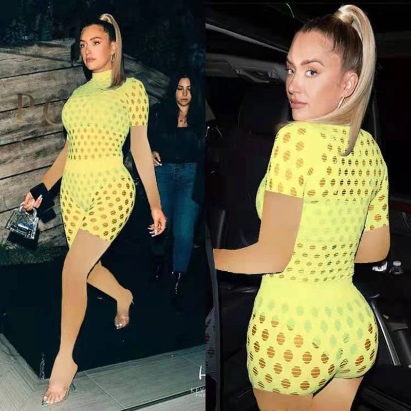 

Women's 2021 Fashion Sexy Perspective Close-fitting Sports Suit High-neck Hole Knit Mesh Street Hipster Breathable Suit