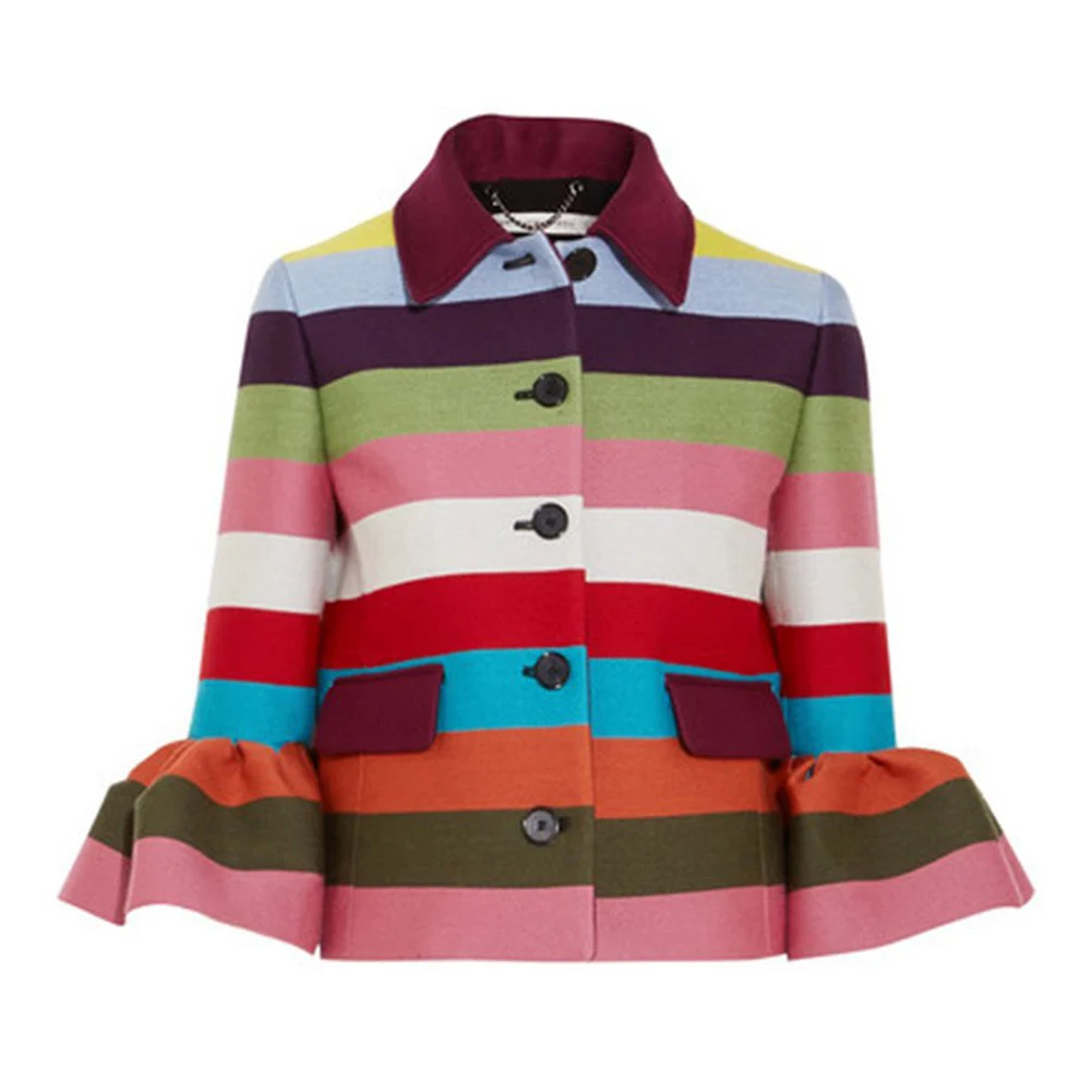 

Fashion Women Autumn Rainbow Stripes Jacket 3/4 Petal Sleeve Single-Breast Coat