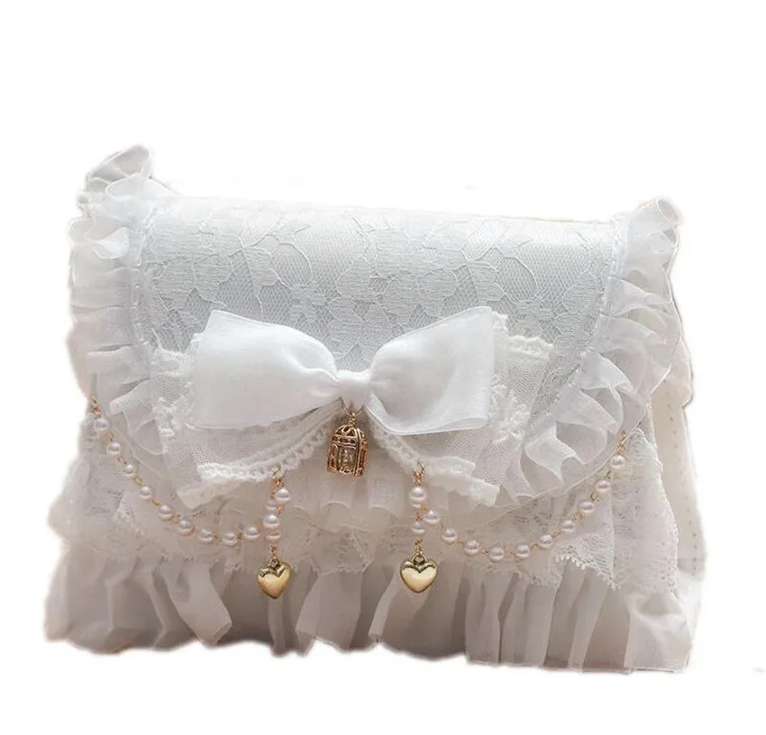 

Sweet Lolita White Lace Bow Shoulder Bags Women Handbag Messenger Bag With White Pearl Chain Super Cute Sweet Fashion