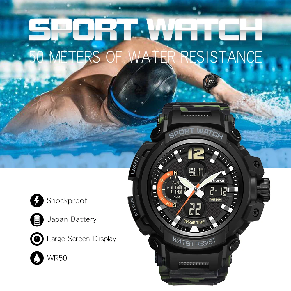 Для мужчин спортивные часы SYNOKE брендовые светодиодный цифровые аналоговые
