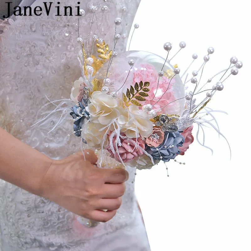 JaneVini роскошный свадебный букет из перьев и жемчуга искусственные розовые цветы