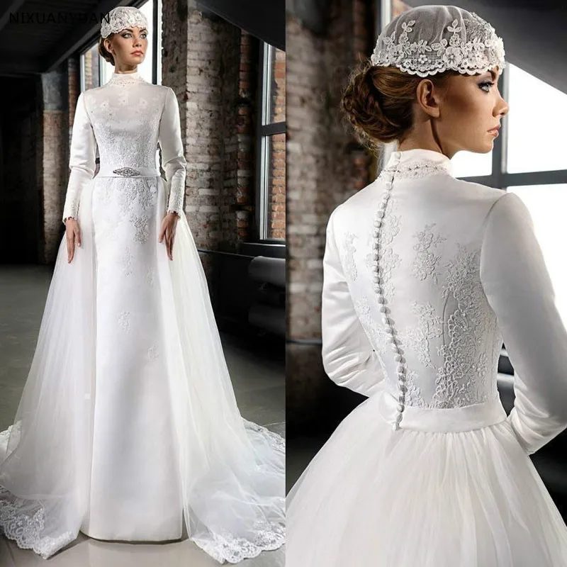 

Muslim Wedding Dresses Long Sleeve High Neck Lace Appliques Satin Bride Gowns Mariage 2020 New Vestido De Novia