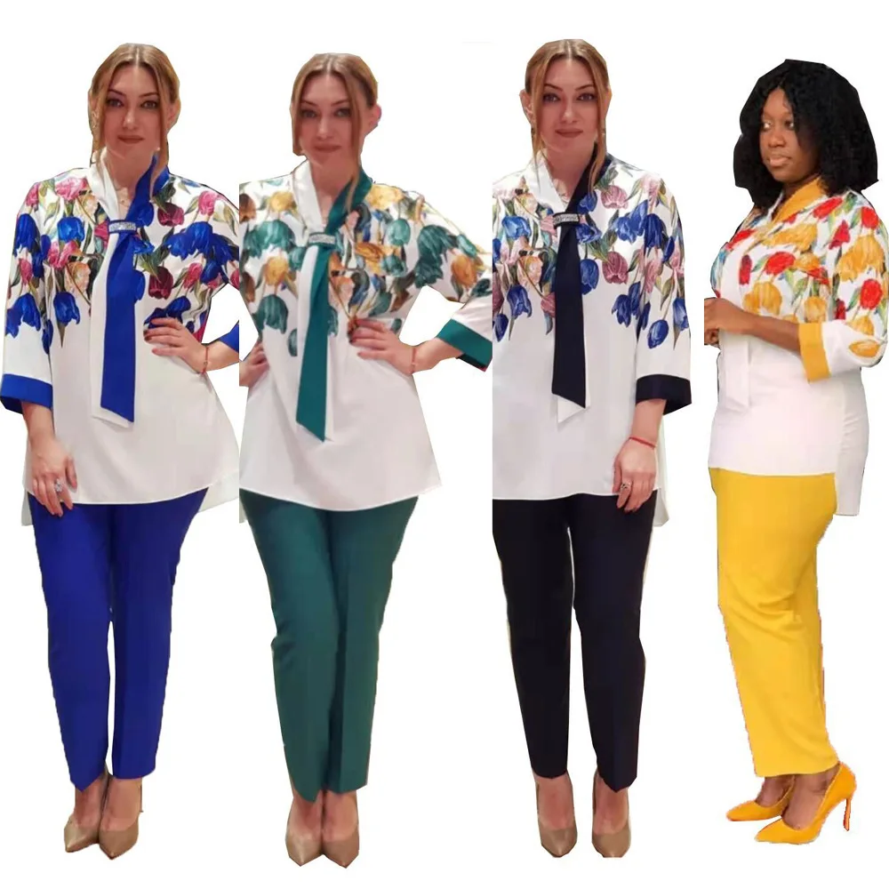 2 Piece Outfits for Women Pants and Top Flannel Print Long T-shirt with Elastic Fashion African Ladies' Suit Plus Size Set |