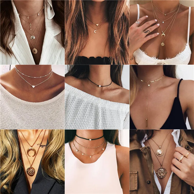 Ожерелье чокер Modyle женское в богемном стиле Винтажное колье с кулоном виде Луны