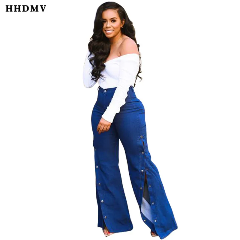 HHDMV HSF2048 fashion high street style long denim pants waist buttons open fork wide-legged | Женская одежда
