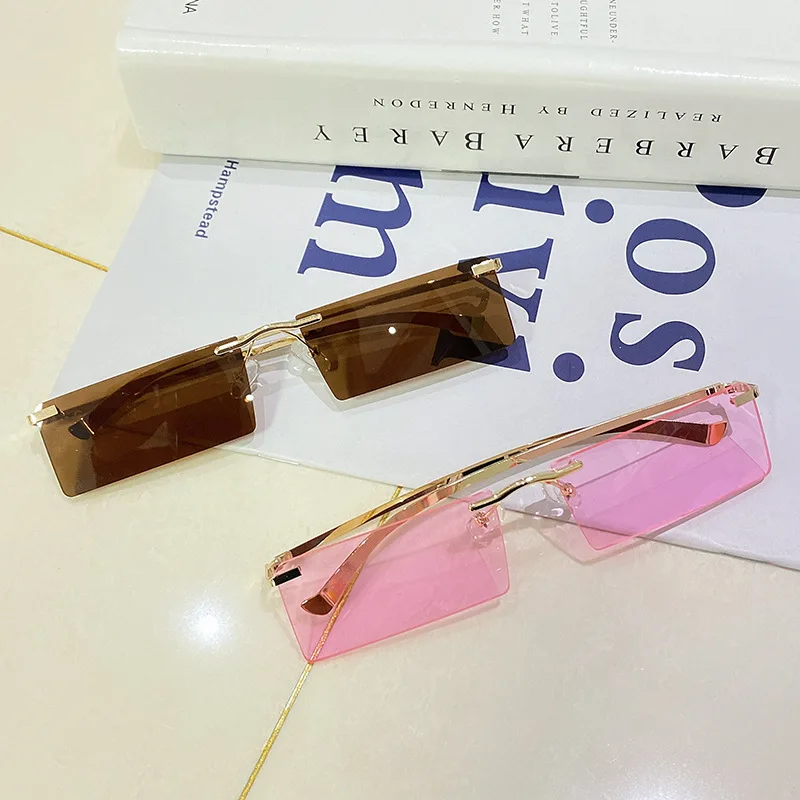 

Fashion Simple Small Rimless Rectangle Sunglasses For Women High Quality Square Metal Frame Pink Color UV400 Sun Glasses 2021