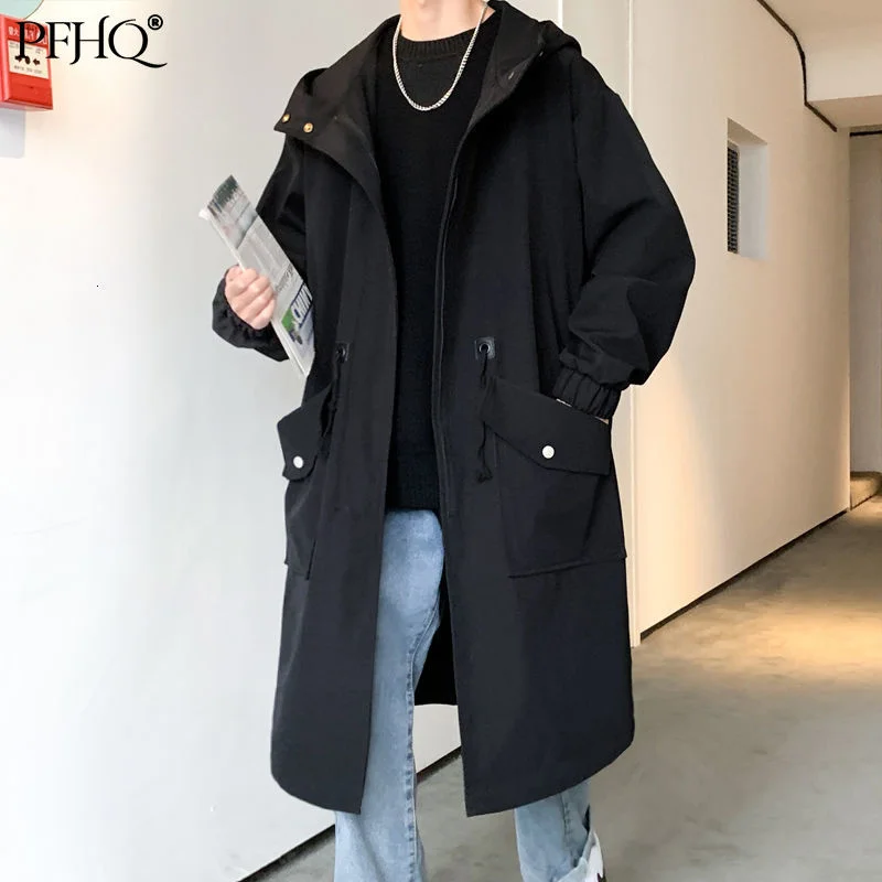 

PFHQ 2021 New Men's Fashion Loose Solid Color Hooded Zipper Lacing Hong Kong Style Long Trench Coat Autumn And Winter 21E4155