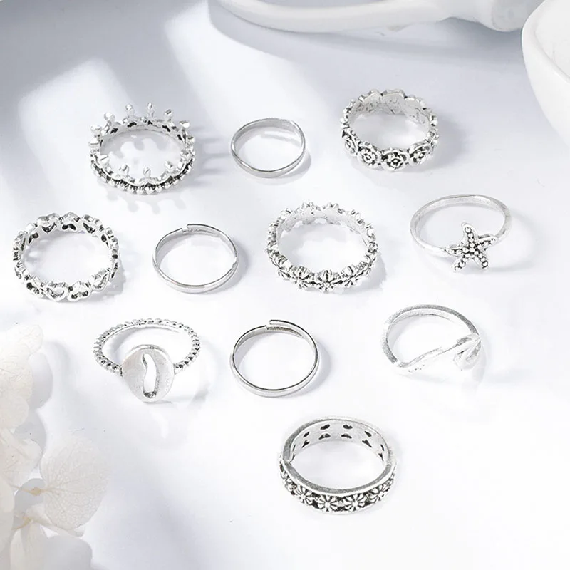 11 шт./компл. Женская мода кольцо в богемном стиле ретро волны сердца цветы