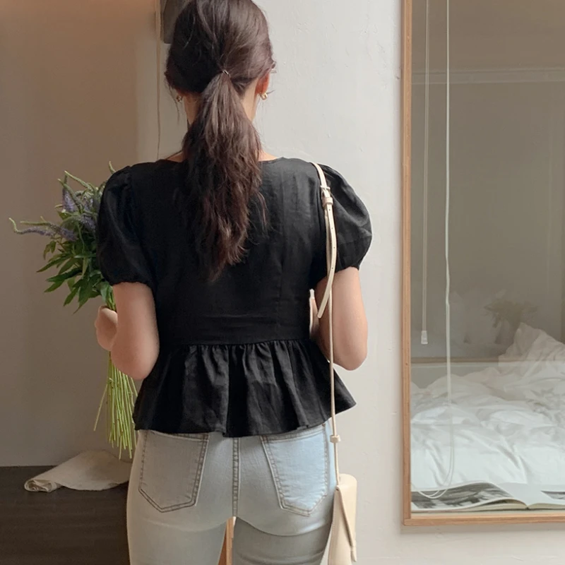 

KUSAHIKI Korean Square Collar Women Tops Puff Sleeve Korean Slim Ruffle Blouse Shirt 2021 Summer Solid Blusas Feminimos 6G896