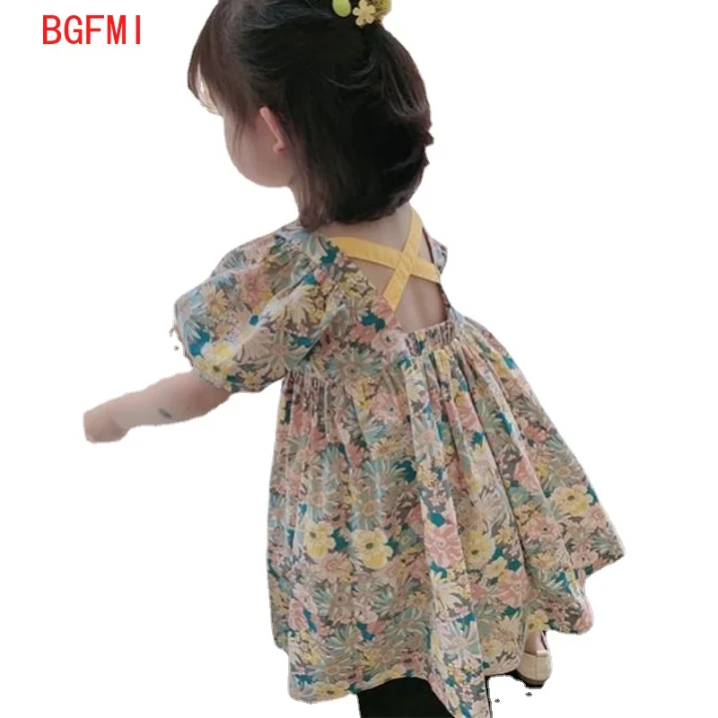 

2021 Summer new Children's Cotton floral skirt Baby Girl short sleeve dress Children's Clothing backless skirt HALTERNECK DRESS