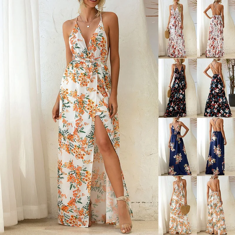 

Макси длинное платье женское летнее сексуальное платье с открытой спиной асимметричное длинное платье с лямки с печатным рисунком