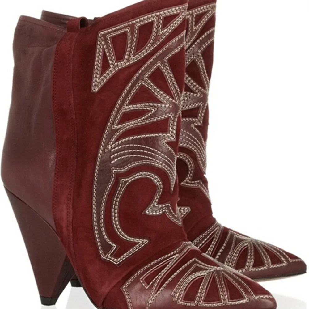 Hot Selling Classic Style Ankle Leather Wedged Boots Vintage Totem Pointed Toe Slip-On High Heels Amazing Fashion Newest boots