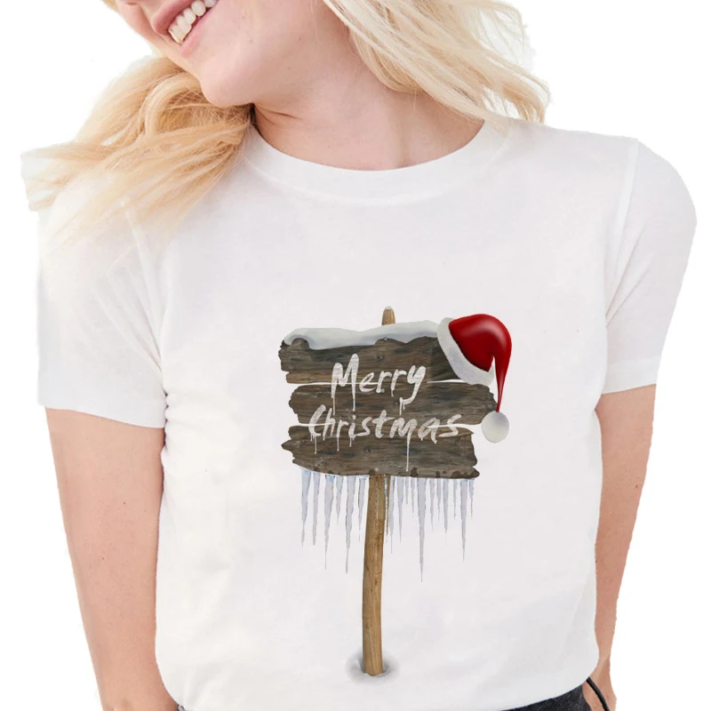 Merry Christmas футболки для женщин Kawaii Графический Мягкий Хлопок Белый Топы happy new year