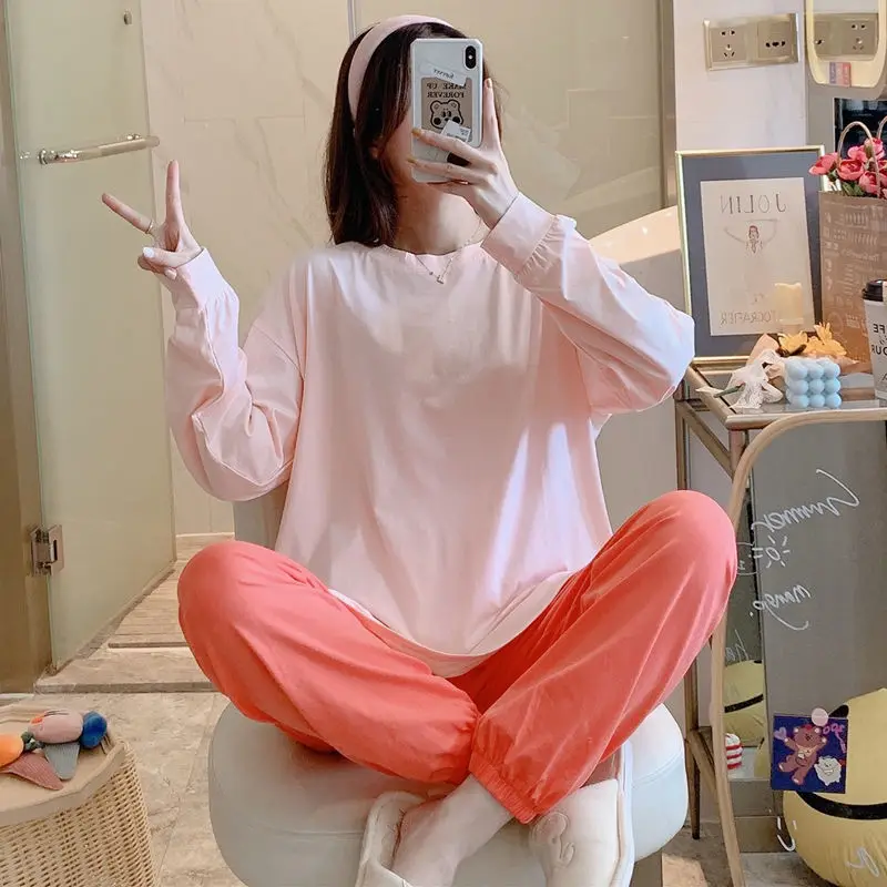 SOUGEN Pajamas for Women's Spring and Autumn Long-sleeved Trousers Cotton Two-piece Casual Simple Style Home Service Nightwear