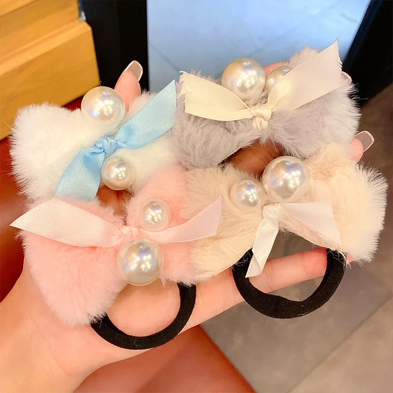 

New Autumn Winter Girls Cute Plush Pearls Bow Hair Ties Female Sweet Ponytail Holder Woman Elastic Rubber Bands Rope Accessory