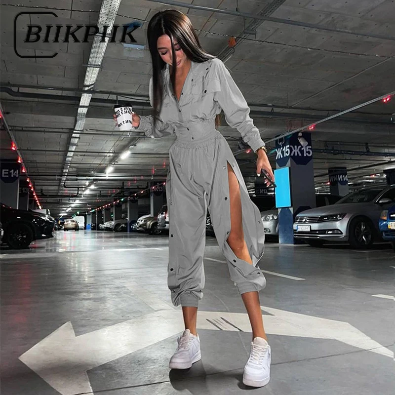 

Женский спортивный костюм BIIKPIIK, комплект из двух предметов с Боковым Разрезом, Укороченное пальто с узкой талией и брюки-шаровары для актив...