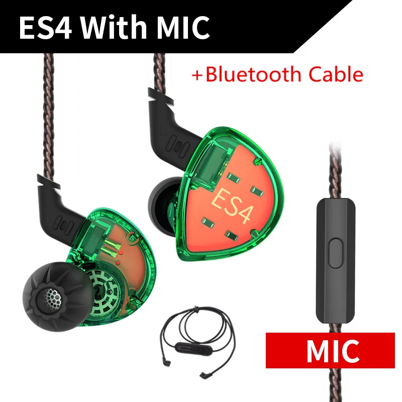 green Mic BT KZ ES4 1BA+ 1DD гибридные наушники-вкладыши Hifi Динамический драйвер шумоподавление Гарнитура замена кабеля AS10 ZSX ZST ES3 ZSN - Цвет: green Mic BT