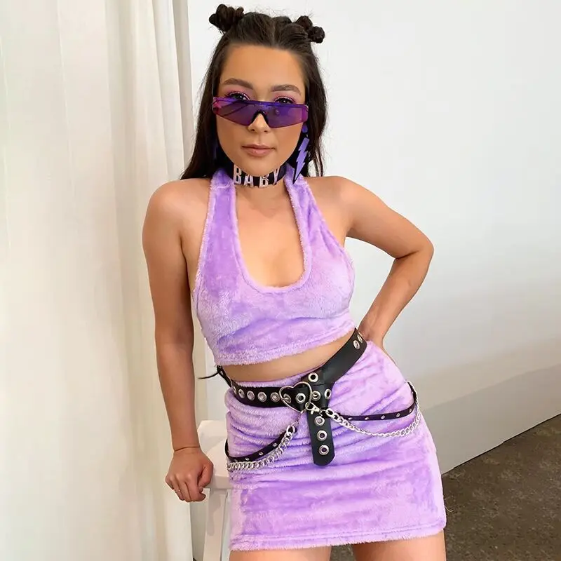 BOOFEENAA пушистый облегающий комплект из двух предметов укороченный топ и юбка