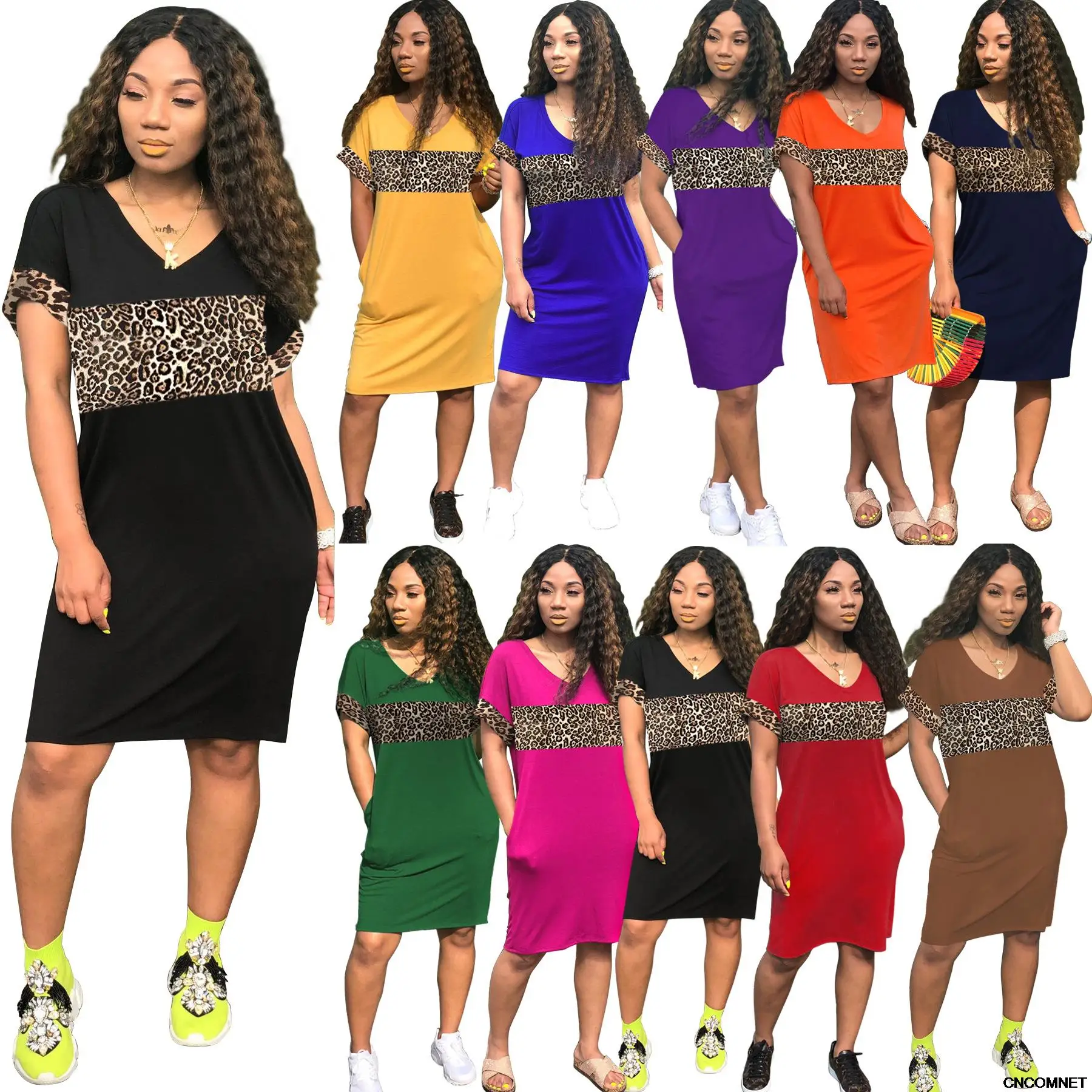 

Женское платье с коротким рукавом и V-образным вырезом, с карманами