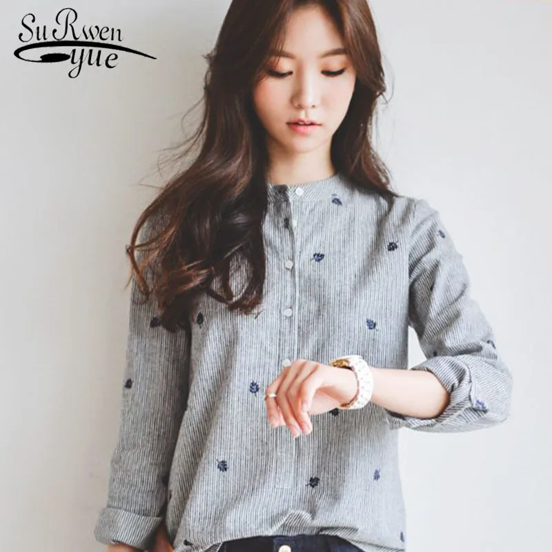 Мода Новый 2019 г. серый Женская блузка в полоску рубашка с длинным листьев рукавом