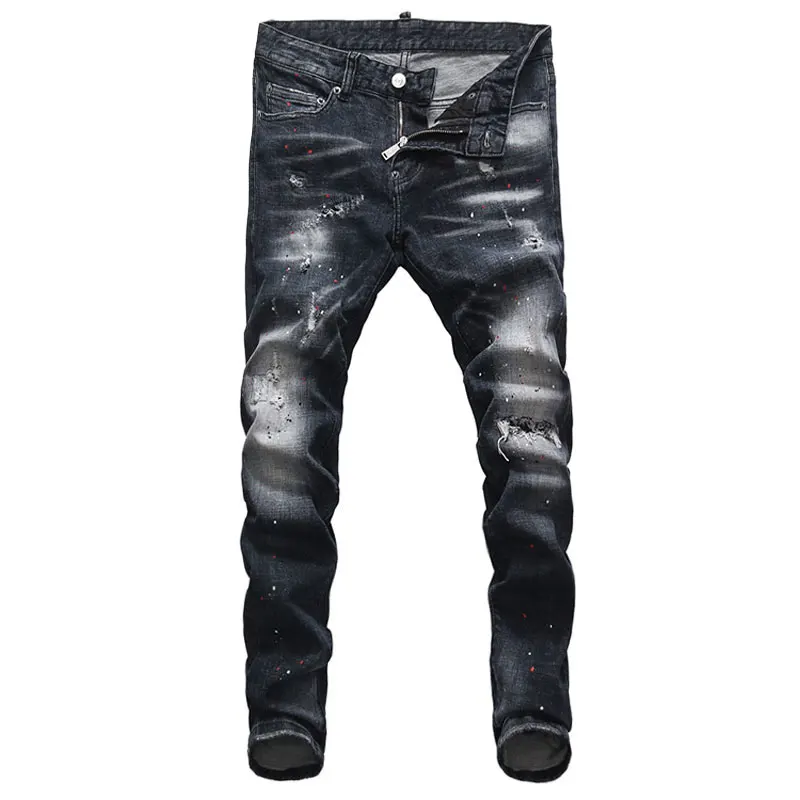 Italian Style Fashion Men Jeans Retro Black Blue Slim Fit Ripped Jeans Men Streetwear Painted Designer Hip Hop Denim Punk Pants