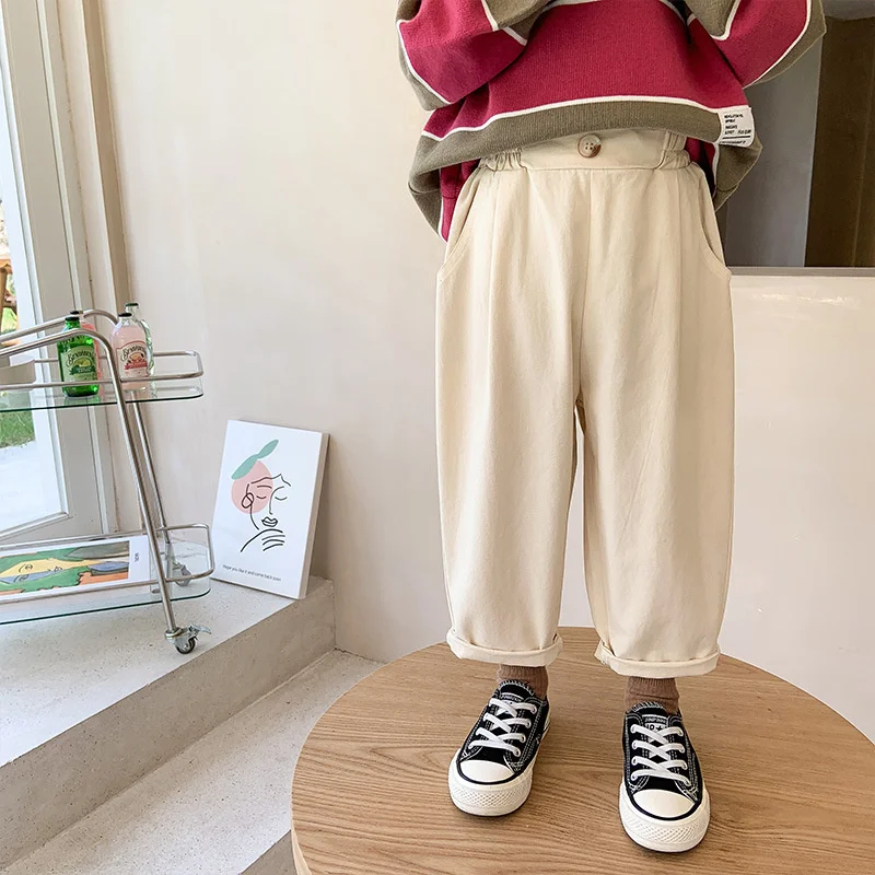 

Korean style boys fashion loose cotton casual pants 2021 autumn solid color brief trousers