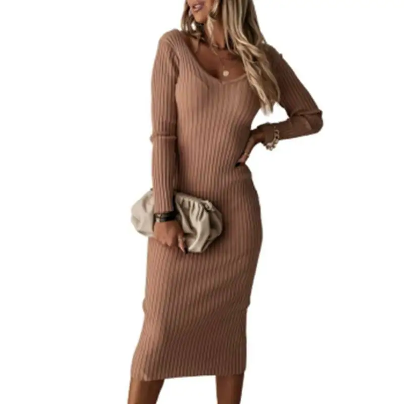

Women V Neck Jumper Dress Long Sleeve Knitted Casual Ladies Mini Sweater Dress