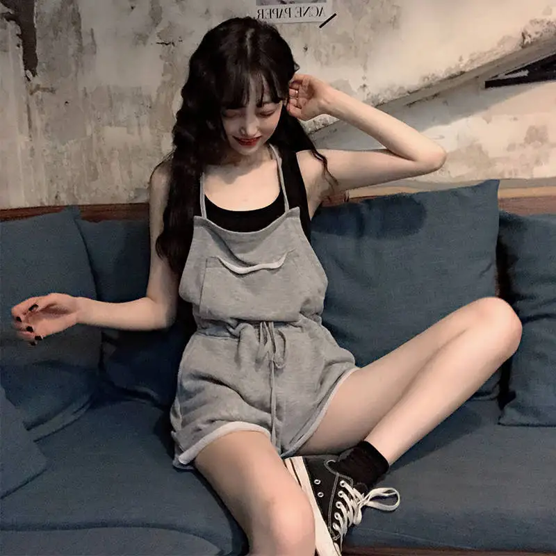 

Rompers Women Drawstring Elastic Waist Sleeveless Pocket Leisure Teens Korean Style Fashion Oversize 2XL Loose Solid Simple Chic