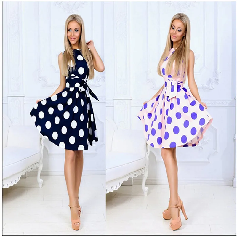 

Vintage Polka Dot Women Dress 2020 Summer Women Floral Print Retro Lady Office Dresses Casual Sleeveless Women Party Dress