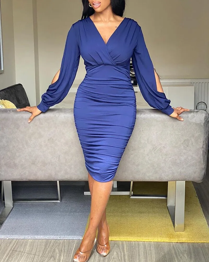 

Dress Women Autumn Large size Puff Sleeve Long Sleeve Temperament Slim Sheath Folds Knee-Length One-step Skirt