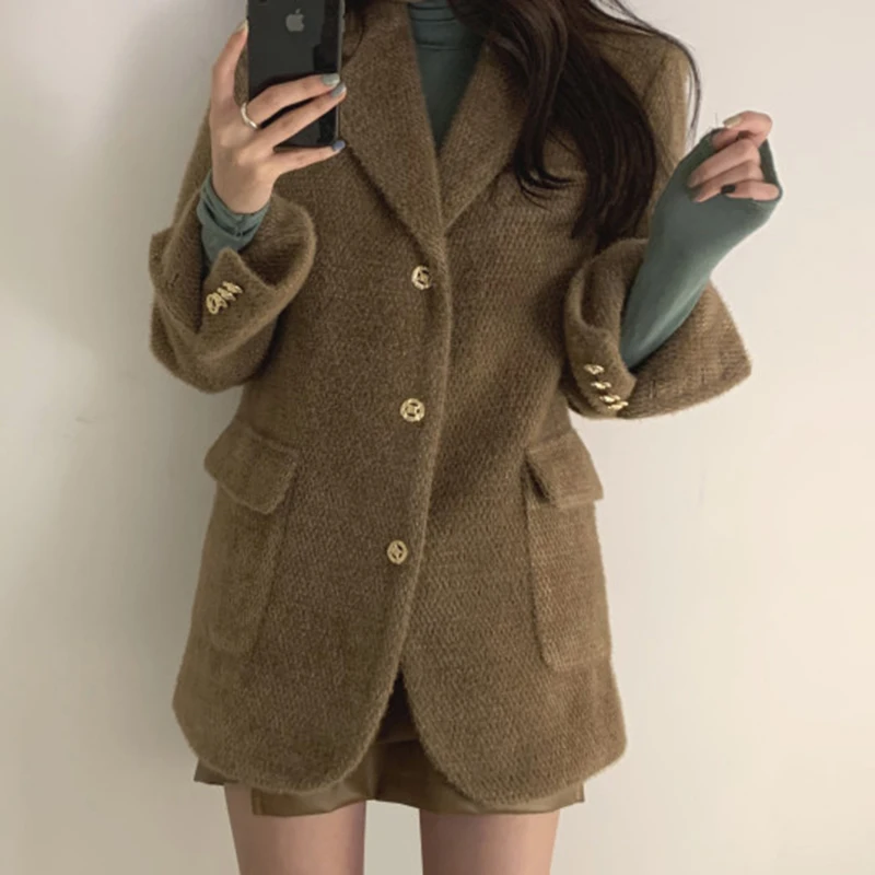 

Autumn winter vintage notched collar three buttons woolen blazer women straight double pockets thick warm small suit