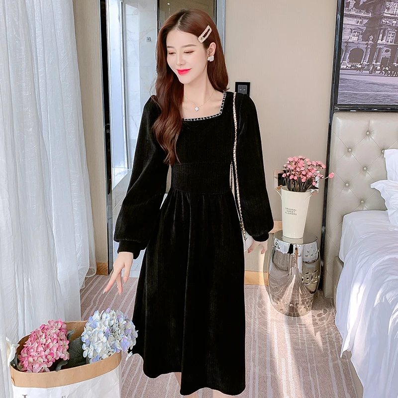 

knitting Loose Women Dresses New Fashion Solid Color Square-collar Autumn Casual Long Sleeve Dress A-LINE Knee-Length Houthion