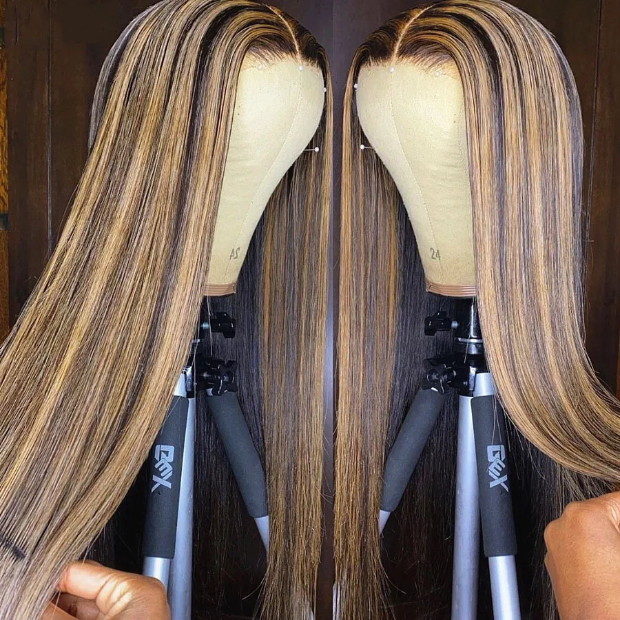 

Highlight Brown Blonde Human Remy Hair Lace Front Wigs With Natural Hairline Black Women Glueless Pre Plucked Lace Wig