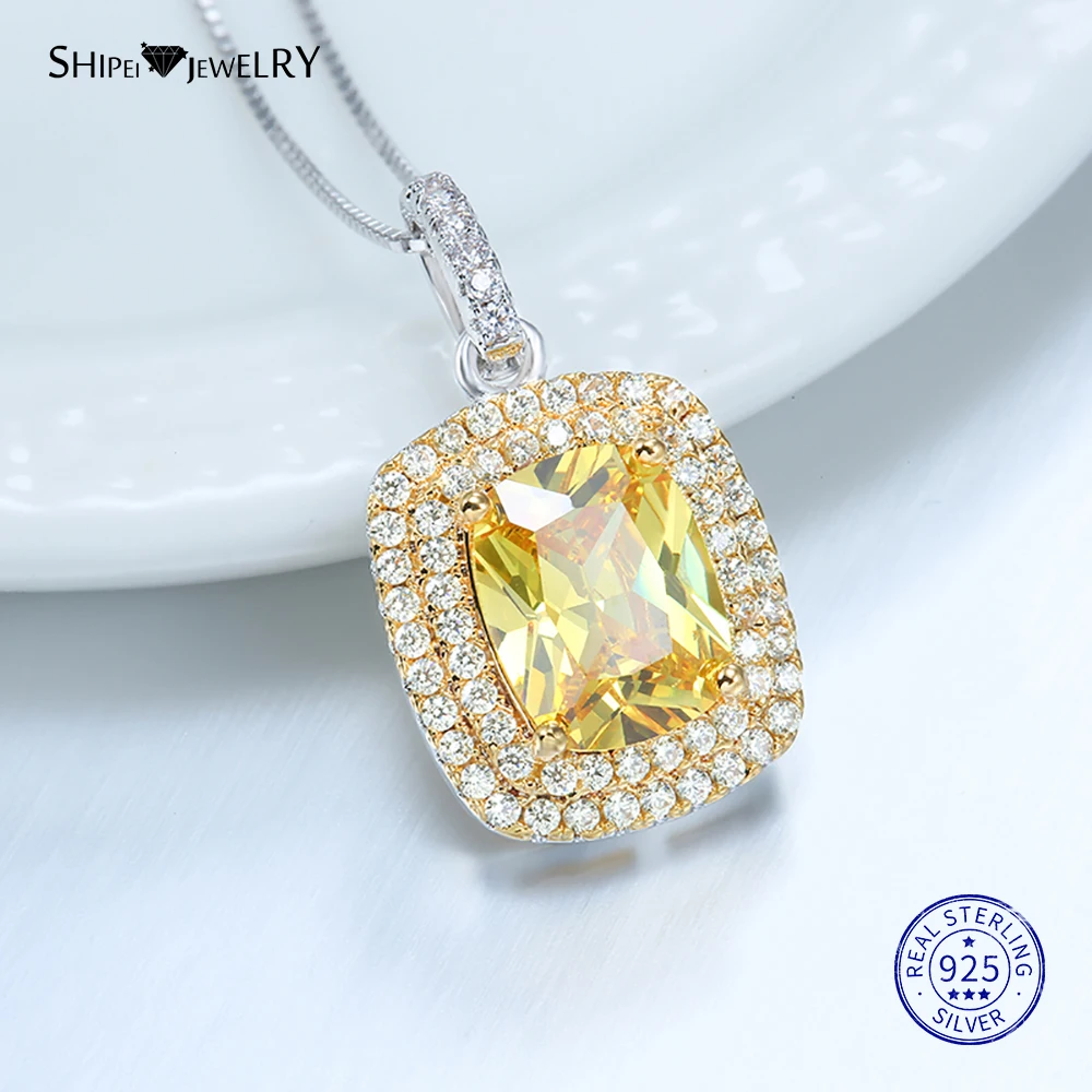 Shipei, 925 пробы, серебряные ювелирные изделия, набор, роскошный, желтый сапфир, квадратные висячие серьги, подвеска, ожерелье, кольцо для женщин
