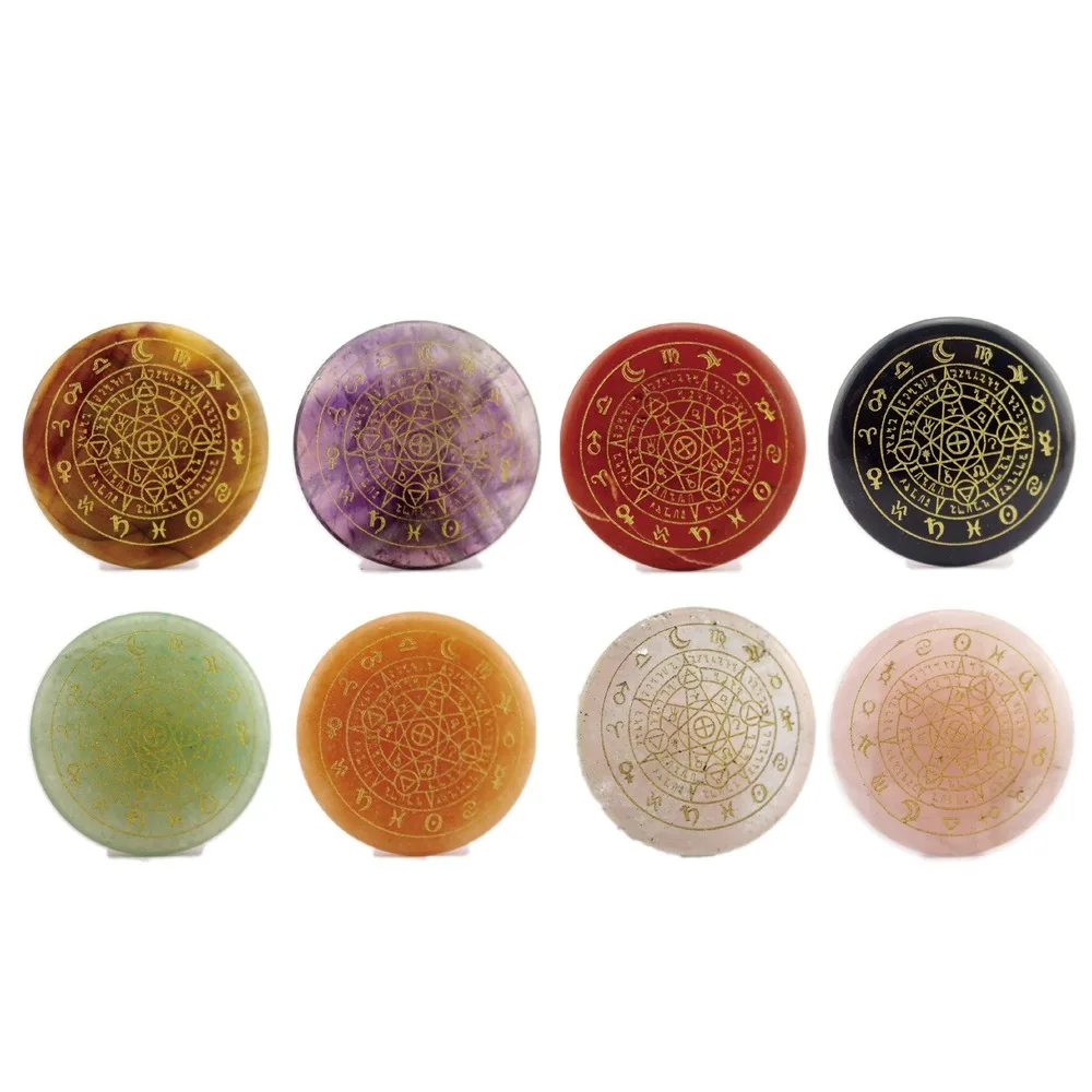 

30mm Natural Stone Crystal Round Piece Nonporous Carving Twelve Constellation Matrix Method Wicca Charms Aura Jewelry Finding