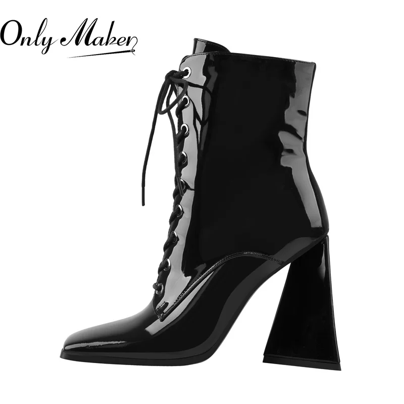 

Onlymaker Autumn Women Black Patent Leather Square Toe Strange Shape Heels Ankle Boots Cross-tied Decoration Side Zipper Booties