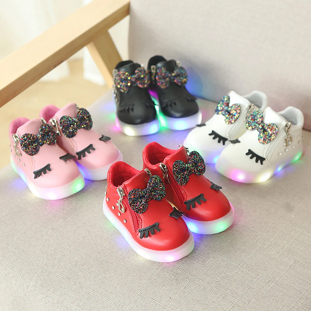 

Girls Crystal Casual Kids Rubber Sole Baby Bowknot PU LED Luminous Cartoon