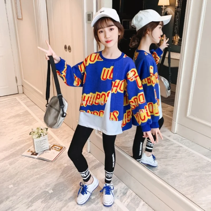 

Girls Suit Sweatshirts +Pants 2Pcs/Sets 2021 Loose Spring Autumn Teenagers Outwear Kids Cotton Tracksuit Sport Suits Children Cl
