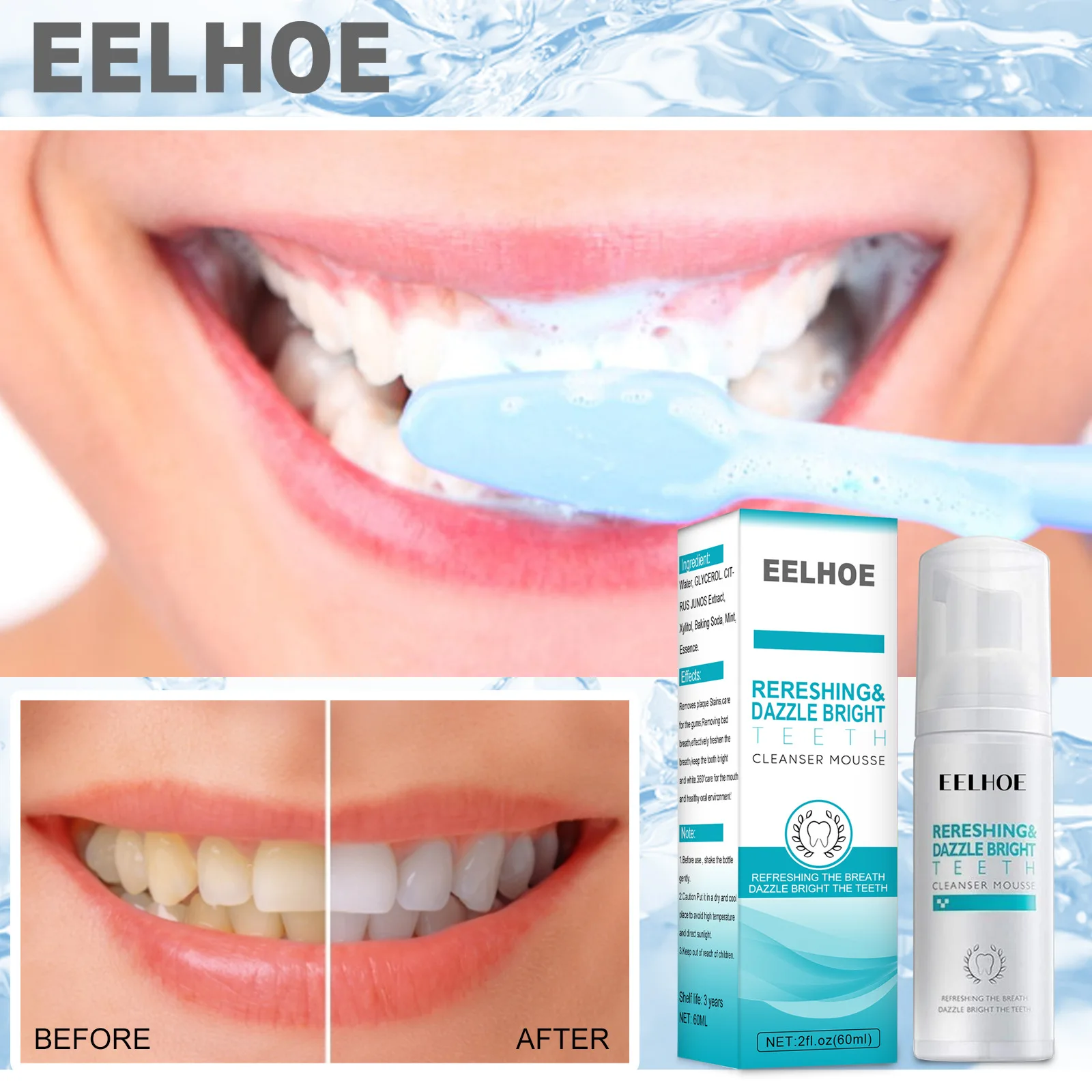 

60ml Tooth Whitening Cleaning Mousse Fresh Breath Remove Oral Odor Plaque Stains Bubble Toothpaste Dental Care Foam Mouthwash