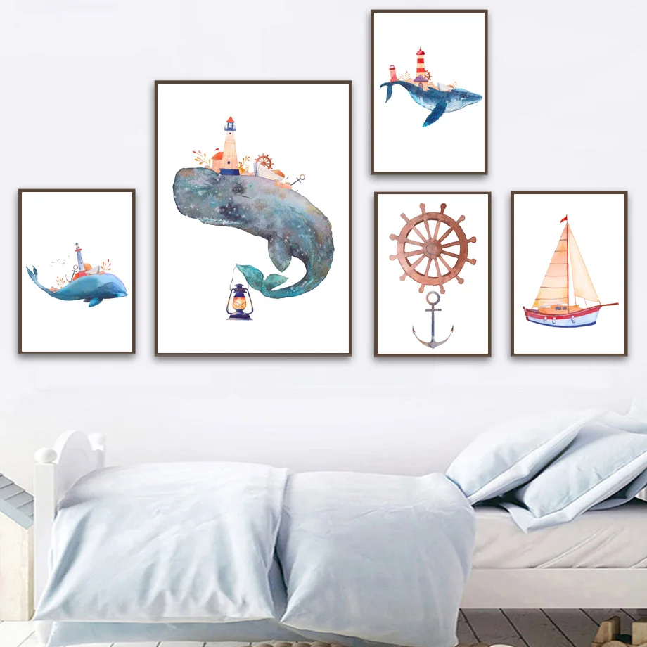 

Whale Lighthouse Ship Anchor Rudder Stone Wall Art Canvas Painting Nordic Posters And Prints Wall Pictures Baby Kids Room Decor