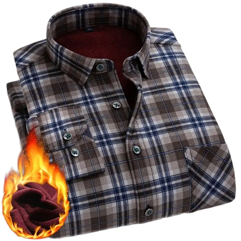 New Winter Warm Shirt Plus Velvet Thickening Fashion Print Plaid Shirt Long Sleeve Men's Brand Shirt Dress Shirt Size L-5XL