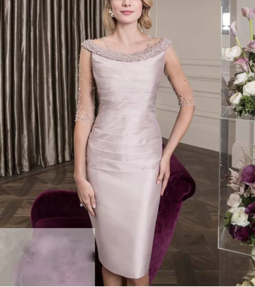 

Bride dress new mother pink 2021 bride dress wedding dress bride's mother dress beaded neck Thai silk dress knee length