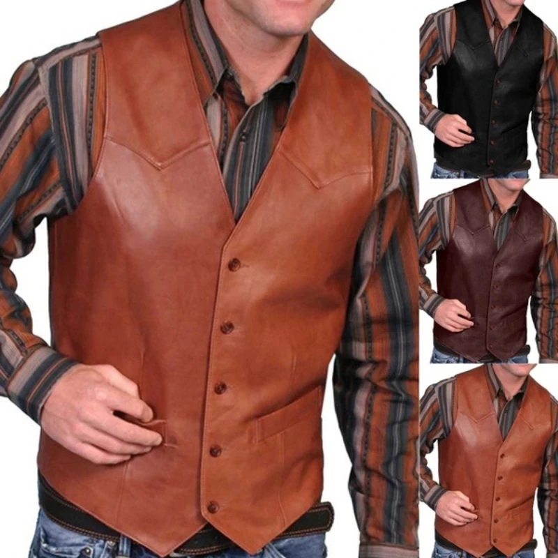 

Men Punk Leather Vest V Neck Fishing Motorcycle Jacket Single Breasted Performance Costume Sleeveless Slim Fit -40