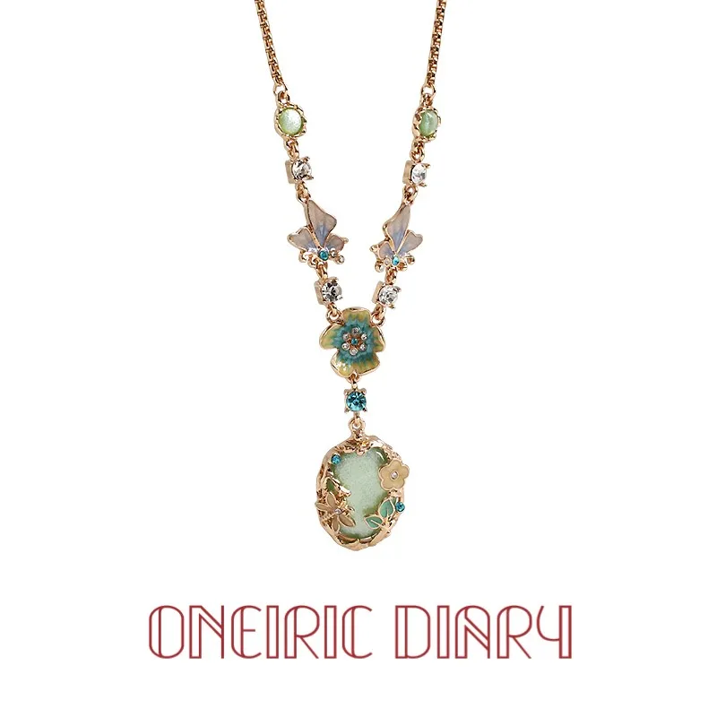 

ONEIRIC DIARY Butterfly Flower Fashion Pendant Glaze Green Stone Long Necklace Sweater Chain Female Jewelry